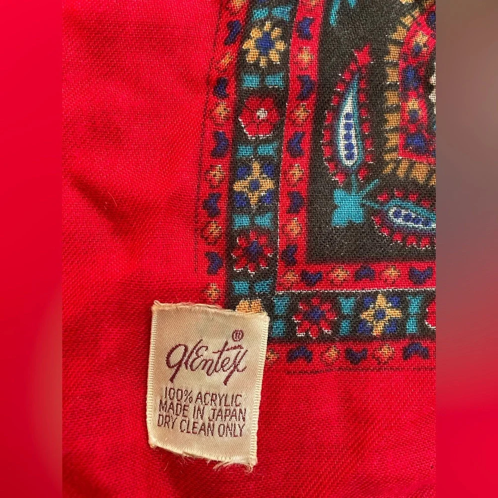 Vintage Glentex square scarf red blue paisley raw hem